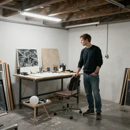 a color photograph of one white man\'s  basement studio, trending on artstation, hyperrealism