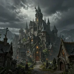 extreme long shot concept art depicted old austrian enchanted town, dramatic mood, overcast mood, dark fantasy environment, league of legends, arcane, trending on artstation, unreal engine, golden ratio, spectacular composition, realistic architecture