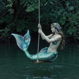 “intricate detailed mermaid swinging over a body of water with a dense forest in the background. Moody, Edward hopper”