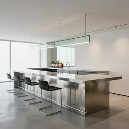 long table bar design, modern, steel and glass, mies van der rohe, very detailed
