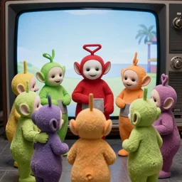 Teletubbies gathered in a circle and evoke Satan, VHS effect, old tube TV screen, realistic materials, attention to detail, detailed depth of field, high-quality composition