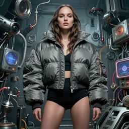 beautiful fantasy character portrait, natalie portman, wearing oversized puffy bomber jacket, ultra realistic, wide angle, seductive pose, cyberpunk artifacts, highly detailed by peter mohrbacher, hajime sorayama, wayne barlowe, boris vallejo, aaron horkey, gaston bussiere, craig mullins