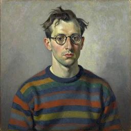 a painting of a man wearing glasses and a striped sweater featured on deviantart by Margaret Keane 1960s ilya kuvshinov studio portrait de stijl a character portrait