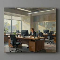 a beautiful painting of an office, cinematic angle, studio lighting, movie concept, trending on artstation, octane render, 8 k, ultra high detail