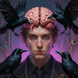 a close - up portrait shot of a man who's brain is being eaten by a crow, cult dystopian neon environment, intricate, elegant, highly detailed, centered, digital painting, artstation, concept art, smooth, sharp focus, illustration, artgerm, tomasz alen kopera, peter mohrbacher, donato giancola, joseph christian leyendecker, wlop