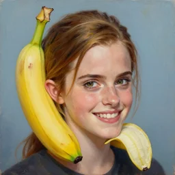 portrait, emma watson face as a banana, smiling, ripe banana head, realism, oil painting, character, vibrant colors, photo emma watson