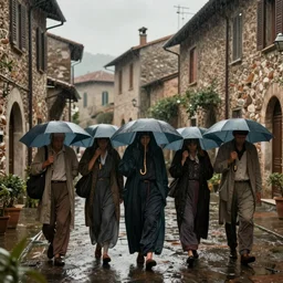 people taking cover from an heavy rain in an old italian village, phitorealistic, soft light, cinematic