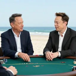 a photo of tom hanks playing poker against elon musk on the beach.