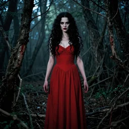 tasha tudor, full body, pretty alyson hannigan, evil dead demon, evil dead movie, red dress, symmetrical eyes, symmetrical face, long curly black hair, trees, forest, branches, cinematic lighting, evil dead creature, scary, blood