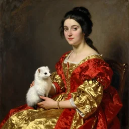 painting of a woman seated in profile, holding a small white ermine in her left hand. She is dressed in a lavish red and gold gown, and her dark hair is pulled back from her face in a severe style. Her expression is one of calm detachment, and she stares straight ahead with a slight smile on her lips.
