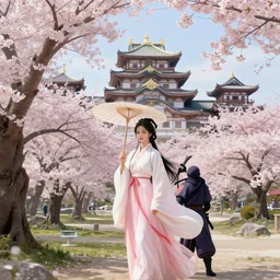 a beautiful picture of sakura in full bloom, palace ， a girl in hanfu, by greg rutkowski and thomas kinkade, photorealistic, epic art, ninja, trending on artstation