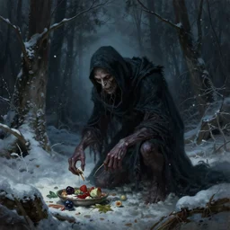 cloaked humanoid wendigo feasting, nighttime located in a snowy dark forest, lurking horror, distant shot, dungeons and dragons, magic the gathering, forboding, high detail, oil painting, style of seb mckinnon