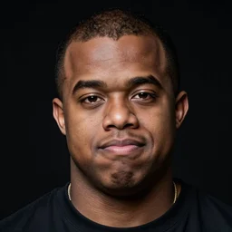 portrait of down syndrome kanye west, sharp focus, 4 k editorial photograph, soft lighting, black background