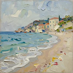 palette knife painting of a close up of a three - dimensional thick impasto oil painting in the shape of a beautiful italian beach scene, lots of thick encrusted paint, lots and lots of wax - like lines of dripping oil paint cover nearly everything, painted by signac and frank auerbach, background thick encrusted paint, very limited colour palette