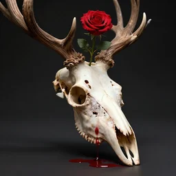 blood dipping from a rose and growing out of a deer skull, unreal engine, realistic lighting, 4k, hyper realism