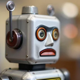 closeup profile face portrait of a high quality presentation photo of a retro toy robot, nicoletta ceccoli, mark ryden, lostfish, hyung tae, frank frazetta, photography 4 k, f 1. 8 anamorphic, bokeh, 4 k, canon, nikon