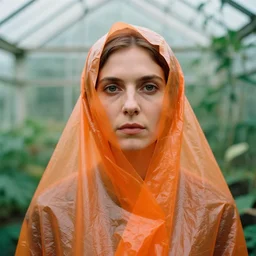 closeup portrait of a woman wrapped in orange cellophane, standing in an overgrown greenhouse, color photograph, by paula rego, canon eos c 3 0 0, ƒ 1. 8, 3 5 mm, 8 k, medium - format print