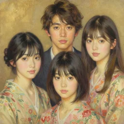 “ robert pattison portrait by ikenaga yasunari and ayana otake and ko rakusui, drawing, realistic, sharp focus, japanese, dreamy, nostalgia, faded, golden hues, floral clothes ”
