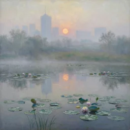 impressionism painting of a pond of water lily on a foggy morning, sun low on horizon through skyscraper, soft light, misty