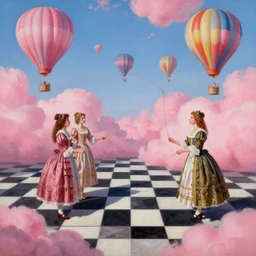 dreamy landscape with checkerboard floors , pink clouds, hot air balloons, and two women wearing baroque dresses playing jumprope, pop-surrealism Lowbrow art painting in the style of Mark Ryden and Jasmine Becket-Griffith