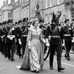 Black and White photo of a Royal Procession, the Queen holding hands with the Devil, 4k, highly detailed, 1852