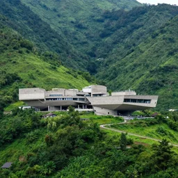 lush and beautiful green mountain landscape, with a brutalist futuristic building, architecture, unpainted concrete, by aalto alvar, by ando tadao, by chipperfield david, frank lloyd wright, by peter zumthor