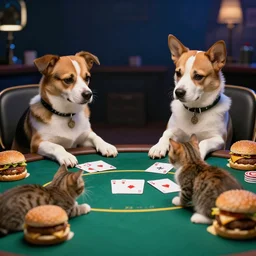two dogs and a cat playing poker at night, burgers everywhere