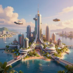 3D render of a a futuristic solarpunk city located in a large bay, flying cars, mega structures, dramatic lighting, vibrant colors, Trending on Artstation HQ, 4K, UHD, High quality, Unreal Engine