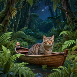 cat in a boat, ferns, jungle, night, stars, highly detailed, 3 d, realistic, unreal engine render concept art, style of henri rousseau and richard scarry and hiroshi yoshida and etel adnan