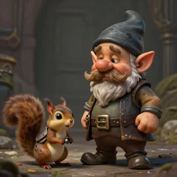 A little engineer gnome with a bushy moustache, his tired and grubby with oil stains, standing next to a little mechanical squirrel , deep focus, D&D, fantasy, intricate, elegant, highly detailed, digital painting, artstation, concept art, matte, sharp focus, illustration, hearthstone, art by Artgerm and Greg Rutkowski and Alphonse Mucha