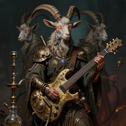 pagan goat headed druid with huge steampunk electric guitar and hookah pipes, psychedelic closed eyes, highly detailed, godly proportions, intricate by dave dorman tom bagshaw and alex gray dramatic lighting, dark, atmospheric, fantasy, painted, wicca well composed, best on artstation, cgsociety, epic, stunning, gorgeous, intricate details, wow, masterpiece