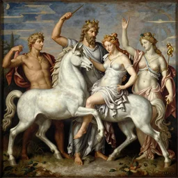painting of Centaur and Pegasus at the Acropolis, Greek gods, Zeus, Poseidon, Aphrodite, intricate, high detail, sensual, in the style of Michaelangelo