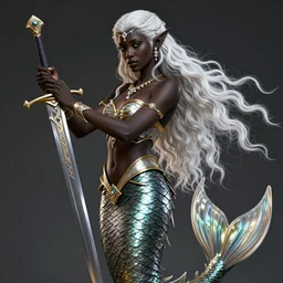 a fantast beauty detailed elf with mermaid tail, black skin, with a curved sword, platinum white wavy long hair, white headband in the front with diamonds, jewelry body armor in golden and silver colors, pointy ears, detailed, epic masterpiece of cinematographic hyperrealism, realistic shaded lighting poster by craig mallismo, artgerm, jeremy lipkin and michael garmash, unreal engine