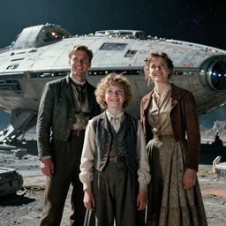 extremely sharply detailed, film from blockbuster 9 6 k sci fi color movie freeze frame, set 1 8 6 0, family standing in front of crashed spaceship, on alien planet, looking happy, wearing 1 8 5 0 s era clothes, atmospheric lighting, in focus, reflective eyes, 9 9 9 9 mm lens, live action, nice composition and photography, clear facial details