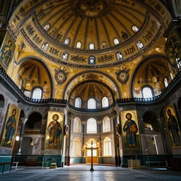 interior of the hagia sophia with orthodox icons on the walls and the ceiling 4 k, concept art, by wlop, ilya kuvshinov, artgerm, krenz cushart, greg rutkowski, pixiv. cinematic dramatic atmosphere, sharp focus, volumetric lighting, cinematic lighting, studio quality