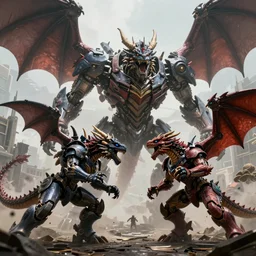 dragons fighting with giant robots, cinematic, ultra realistic