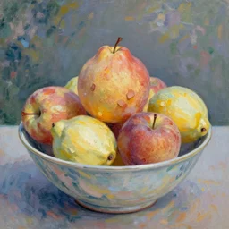 in the style of Monet, a bowl of fruits, very highly detailed, 8k, wallpaper
