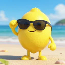 photo of Lemon character using sunglasses at the beach ultra hd 4k