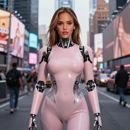ig body portrait of jessica alba cyborg young woman in an overgrown nyc times square, facing the camera, symmetrical, raver girl, pinterest, anime girl, cinematic, smooth, pastel color scheme, illustrated
