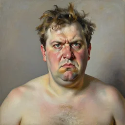 high quality high detail painting by lucian freud, hd, portrait of angry fat man