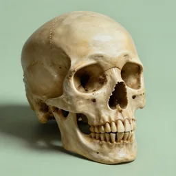 a portrait of an old skull, pale green background