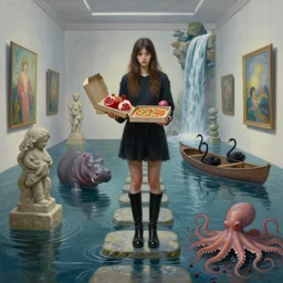 painting of a tall emo girl in a flooded art gallery, holding a vegan pizza box, a hippopotamus, pomegranates, octopus, stepping stones, long black boots, flooded, stone sculptures, art on the walls, fish, zen, waterfall, black swans, canoe, berries, surrealist, by magritte and monet