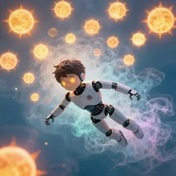 Robot Boy on a thousand suns swiming in iridescent smoke, 8K, realistic