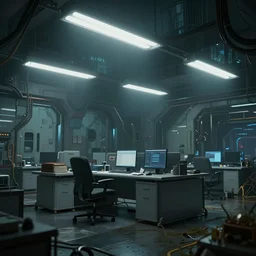 office, horror scene, fluorescent lighting, eerie volumetric-lighting-style atmosphere, futuristic atmosphere, intricate, detailed, photorealistic imagery, artstation