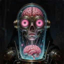 neoclassicist close - up sci - fi portrait of a glowing steampunk overlord being with giant pink eyes and a brain in a vat. dark black ominous background, glowing atmosphere. highly detailed science fiction horror painting by norman rockwell, frank frazetta, and syd mead. rich colors, high contrast, gloomy atmosphere. trending on artstation and behance.