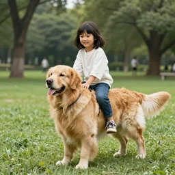 human riding giant golden retriever in the park, trending on attestation