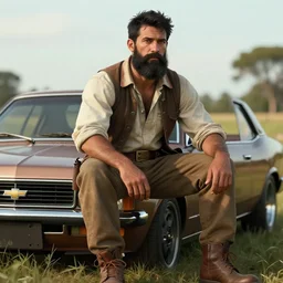 a man wearing lumberjack clothes sitting on a chevrolet opala in a farm, digital painting, masterpiece, digital art, concept art, octane render, unreal engine 5, trending on deviantart, highly detailed, high quality, 4 k, realistic and detailed face, anatomically correct, five fingers, cinematic, high coherence, soft lighting, path traced, elegant, short black hair, big beard