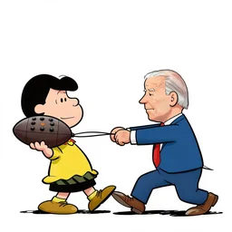 a cartoon of joe biden pulling away the nuclear football before trump can kick it, cartoon in the style of peanuts by charles schulz