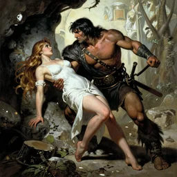Conan the barbarian rescuing damsel in distress by Frank Frazetta