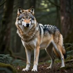standing werecreature consisting of a human and wolf, photograph captured in a forest